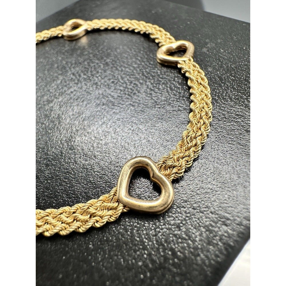 10k Solid Yellow Gold Heart On Braided Chain Bracelet Vintage Peru